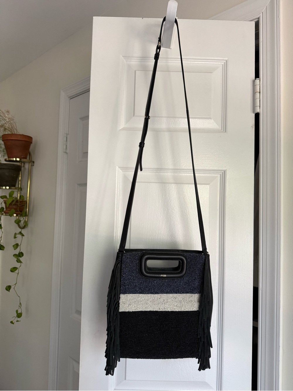 Maje Beaded Fringe M Bag Crossbody Navy Ivory Black Sheep Leather Cutout Handle - Picture 3 of 10